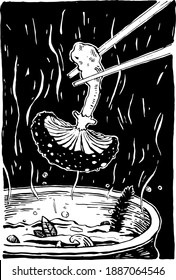 The potion boils in a cauldron, the mushroom ingredient is added.
Black and white hand drawn illustration