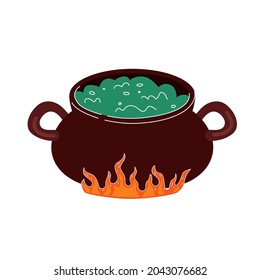 Potion boils in cauldron on fire. Drawing vector isolated eps illustration
