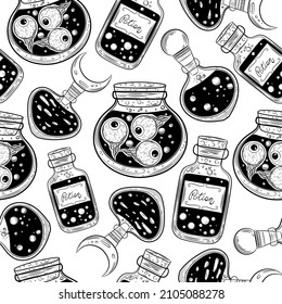 Potion bottle background. Esoteric symbols pattern. Alchemy print. Bohemian style esoteric background. Potion bottles with elexir, alchemy, witchcraft backdrop. Magic monochrome esoteric potion jar.
