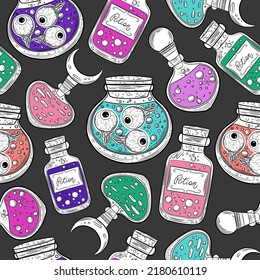 Potion bottle background. Esoteric symbols pattern. Alchemy print. Bohemian style esoteric background. Potion bottles with elexir, alchemy, witchcraft backdrop. Magic monochrome esoteric potion jar.

