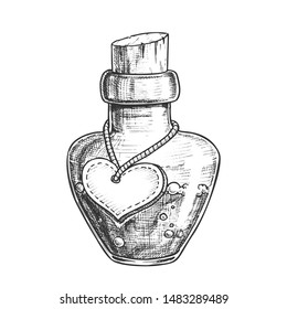 Potion Bottle With Blank Heart Form Label Vector. Glass Bottle With Love Mixture. Bubbled Liquid In Flask With Cork Cap Template Hand Drawn In Vintage Style Monochrome Illustration