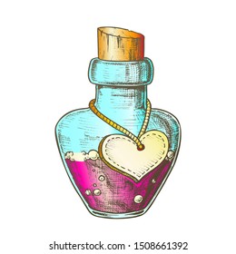 Potion Bottle With Blank Heart Form Label Vector. Glass Bottle With Love Mixture. Bubbled Liquid In Flask With Cork Cap Template Hand Drawn In Vintage Style Color Illustration