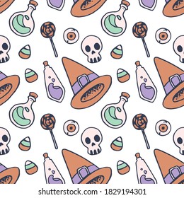 Botella de poción, caramelos sobre fondo blanco. Patrón ininterrumpido de Halloween para papel de pared, papel de envoltura, durmiente, baldosas de baño, ropa de cama o ropa de cama. Ilustración vectorial de estilo Doodle