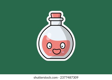Potion Bottle with Cartoon Character Sticker vector illustration. Science object icon concept. Handsome cartoon with Potion sticker vector design. Cartoon character drink design.