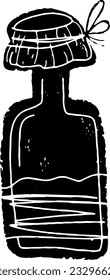 Potion bottle, cartoon. Hand drawn in black linocut style, grunge rough old texture. Element for design. Halloween design.