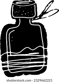 Potion bottle, cartoon. Hand drawn in black linocut style, grunge rough old texture. Element for design. Halloween design.