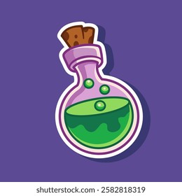 Potion bottle cartoon illustration sticker. Vector Halloween decoration element. Halloween-themed element