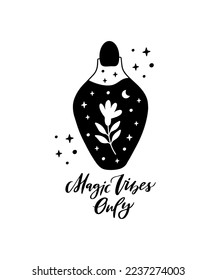 Potion bottle with celestial elixir or poison. Mystic jar vector illustration. Hand drawn esoteric alchemy symbol isolated on white. Witch brew with flower, moon, stars. Magic vibes only.