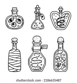Potion bottle collection in hand drawn doodle style. Witch glass bottles with potion. Witchcraft Halloween antidote poison set.