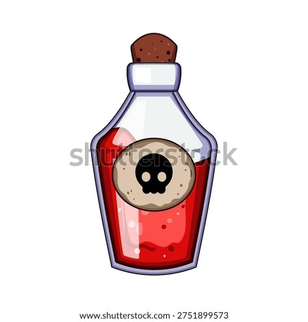 Potion bottle with cork stopper and skull label filled with ominous red liquid, symbolizing poison, danger, magic, witchcraft, alchemy and spooky fantasy element for games or ui