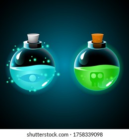 Potion bottle with effect for 2d games. Game elements, icon vector illustration