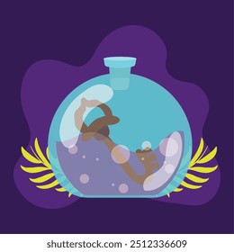Potion bottle with floating antique key on dark purple background Vector illustration