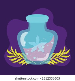 Potion bottle with floating flower on dark purple background Vector illustration