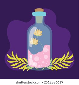 Potion bottle with floating flowers on dark purple background Vector illustration