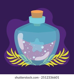 Potion bottle with floating stars on dark purple background Vector illustration