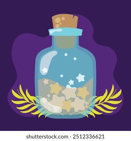 Potion bottle with floating stars on dark purple background Vector illustration