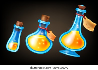 Potion bottle game UI set, magic RPG level up wizard vial icon kit, shiny vector glass flask, cork. Halloween witchcraft blue jar pack, liquid poison, love alchemy elixir. Witch potion bottle, sticker