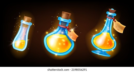 Potion bottle game UI set, shiny vector glass flask, cork, magic RPG level up wizard vial icon kit. Halloween witchcraft blue jar pack, love alchemy elixir, liquid poison. Witch potion bottle, sticker