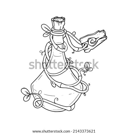 Potion bottle for games. Sketch of vine covered elixir bottle. Vector illustration isolated in white background