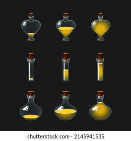 Potion bottle. Glass bottle with color drink. Vector icon. 