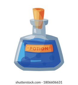 Potion Bottle, Glass Transparent Flask with Blue Liquid, Witchcraft Attribute, Happy Halloween Object Cartoon Style Vector Illustration
