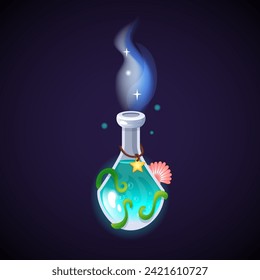 Potionsflasche. GUI-Symbol. Elixir mit blauer Flüssigkeit und Schale. Toxische magische Getränke-Spiel-Schnittstelle einzeln Element. Fantasy-transparente Substanz, Alchemie und Zaubersprüche. Cartoon-Vektorgrafik