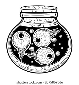 Potion bottle. Hand drawn magic bottle. Alchemy, spirituality, occultism, tattoo art magic symbol. Coloring book page template. Isolated cartoon  jar with potion and eyes. Halloween icon. Glass jar.