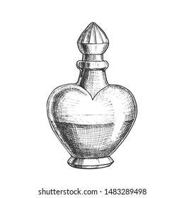 Potion Bottle In Heart Shape Monochrome Vector. Glass Bottle With Love Elixir. Beverage Liquid In Vial With Conic Cap Template Hand Drawn In Vintage Style Black And White Illustration