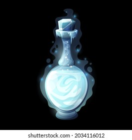 Potionsflasche mit Eis, Cartoon Magic Liebeselixier oder Gift Vektorspiel-Schnittstelle, ui oder gui. Alchimisten, Hexen- oder Zaubertrank in Glasflaschen, Kolben, Glas oder Durchstechflasche mit Frost, Schneeflocken und Ikeln