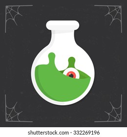 Potion bottle icon. Flasks with slime and eyeball. Witch bottle with poison. Magic elixir icon. Halloween illustration isolated on stylized dark background. Vector illustration