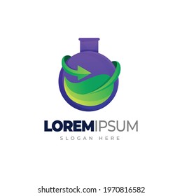 Potion bottle with leaf and arrow icon, green eco lab gradient logo template