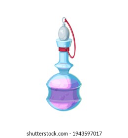 Potion bottle, magic elixir in glass flask isolated realistic icon. Vector magic gui or rpg game cartoon design element. Witch poison, Halloween party object alchemy purple liquid in bottle with cork