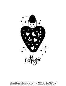 Potion bottle with magic elixir or love poison. Mystic jar vector illustration. Hand drawn esoteric alchemy symbol isolated on white background. Black witch brew with heart, flotal, stars.