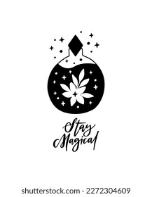 Potion bottle with magic elixir or poison. Mystical jar vector illustration. Hand drawn esoteric alchemy symbol isolated on white background. Black witch brew clipart.