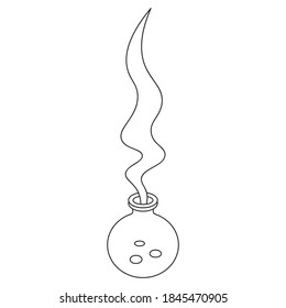 Potion bottle. Magic vapors come out of the bubble. Vector illustration. Outline on isolated white background. Doodle style. Sketch. Bubbles fly up. Coloring book for children. Miraculous drink. 