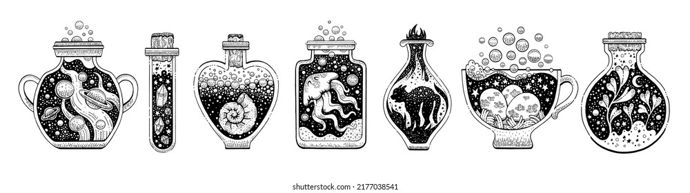 Potion bottle magic vector. Vintage witch game alchemy sketch with crystal, cat, shell, plant. Magician line drawing. Witchcraft  halloween antidote potion set. Chemistry boho perfume retro collection