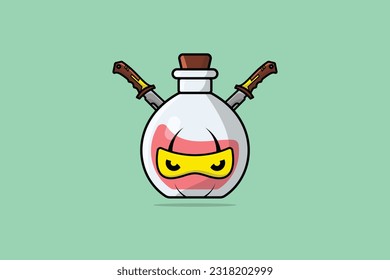 Potion Bottle with Ninja Cartoon Character vector illustration. Science object icon concept. Ninja cartoon with swords vector design. Cartoon character drink design.