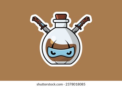 Botella de poción con ilustración vectorial del marcador de caracteres Ninja. Concepto de icono de objeto científico. Bonita caricatura de ninja con diseño vectorial de pegatinas de Potion. Diseño de bebidas con personajes de dibujos animados.