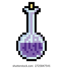 Botella de la poción con el arte del pixel aislado en el fondo blanco.