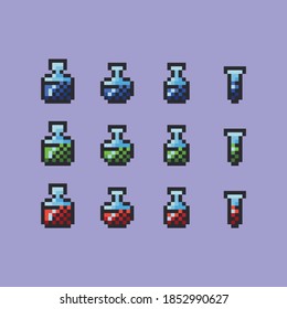 Potion bottle pixel art vector illustration. Health, mana and stamina glass bottles. Poison and remedy game design 8 bit object set. Laboratory equipment jar beaker and flask