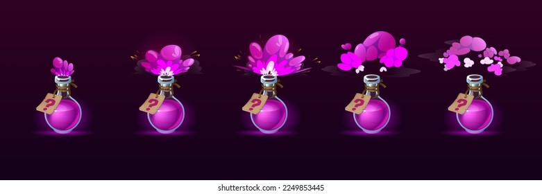 Potion bottle with puff cloud animation set isolated on background. Vector cartoon illustration of glass flasks with magic purple elixir, explosion or evaporation gas effect, question mark on label