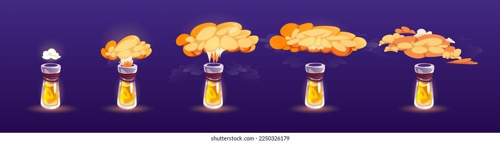 Botella de poción con animación de nubes de puré aislada en el fondo. Ilustración de dibujos animados vectores de copos de vidrio o tubo de ensayo con efecto de elixir amarillo mágico, explosión o gas de evaporación