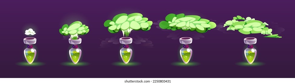 Botella de poción con animación de nubes de puré aislada en el fondo. Ilustración vectorial de copos de vidrio o tubo de ensayo con efecto de elixir verde mágico, explosión o gas de evaporación