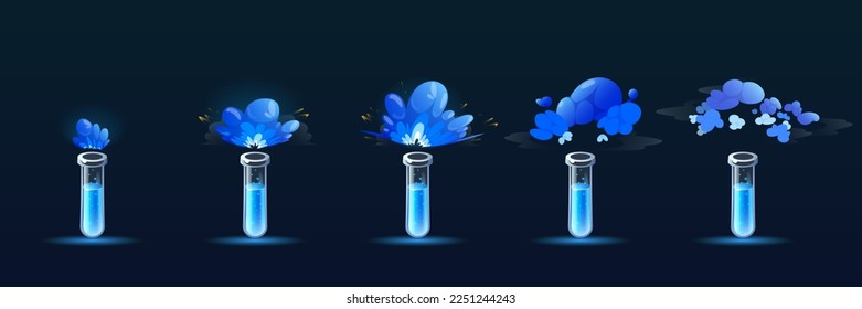 Potionsflasche mit Puff Cloud Animation einzeln auf Hintergrund. Vektorgrafik-Illustration von Glaskolben oder Reagenzglas mit magisch blauem Elixier-, Explosions- oder Verdunstungsgaseffekt