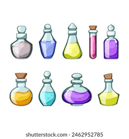 potion bottle set cartoon. vial alchemy, love poison, halloween alchemist potion bottle sign. isolated symbol vector illustration