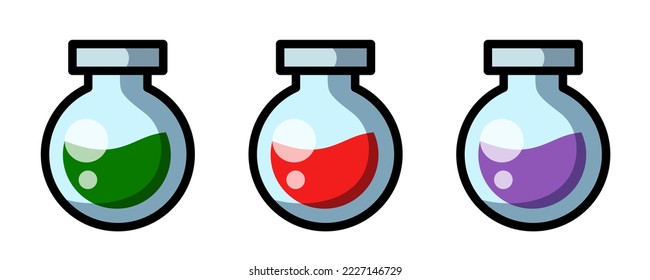 Potion bottle set. Elixir of health or mana. Icons for video games. Vector clipart. A bottle of colorful potion.