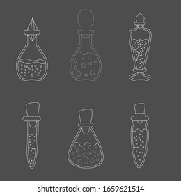 Potion bottle set of isolated magic glass tube images on black background . Hand drawn style. Vector illustration.