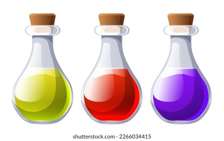 Potion bottle set. Mana bottles. Elixir of health or mana. Icons for video games. Vector clipart.