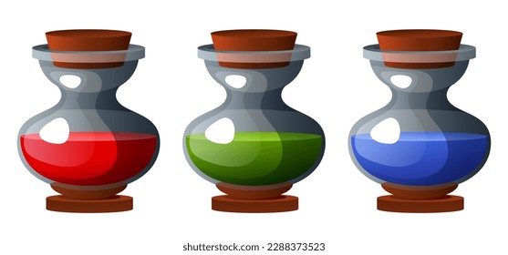 Potion bottle set. Mana bottles. Elixir of health or mana. Icons for video games. Vector clipart.