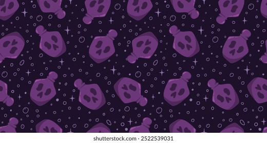 Potion bottle with skull and bubbles seamless pattern vector illustration. Magic Halloween background. Witchcraft poison jar repeated ornament. Holiday design for textile, fabric, cover, packaging